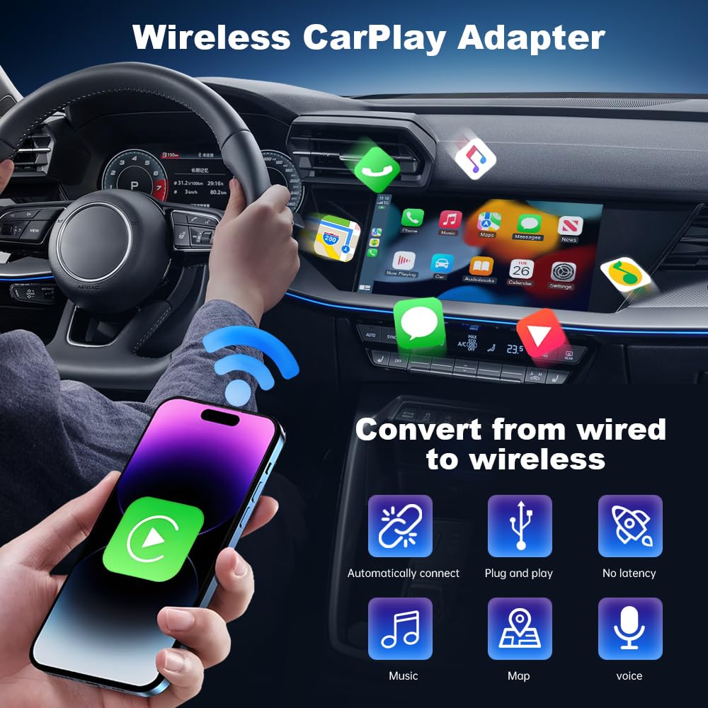 Wireless CarPlay Adapter for iPhone, CarPlay Dongle Converts Wired to Wireless Carplay, Plug & Play Mini Size CarPlay Adapter Compatible with iOS 10+