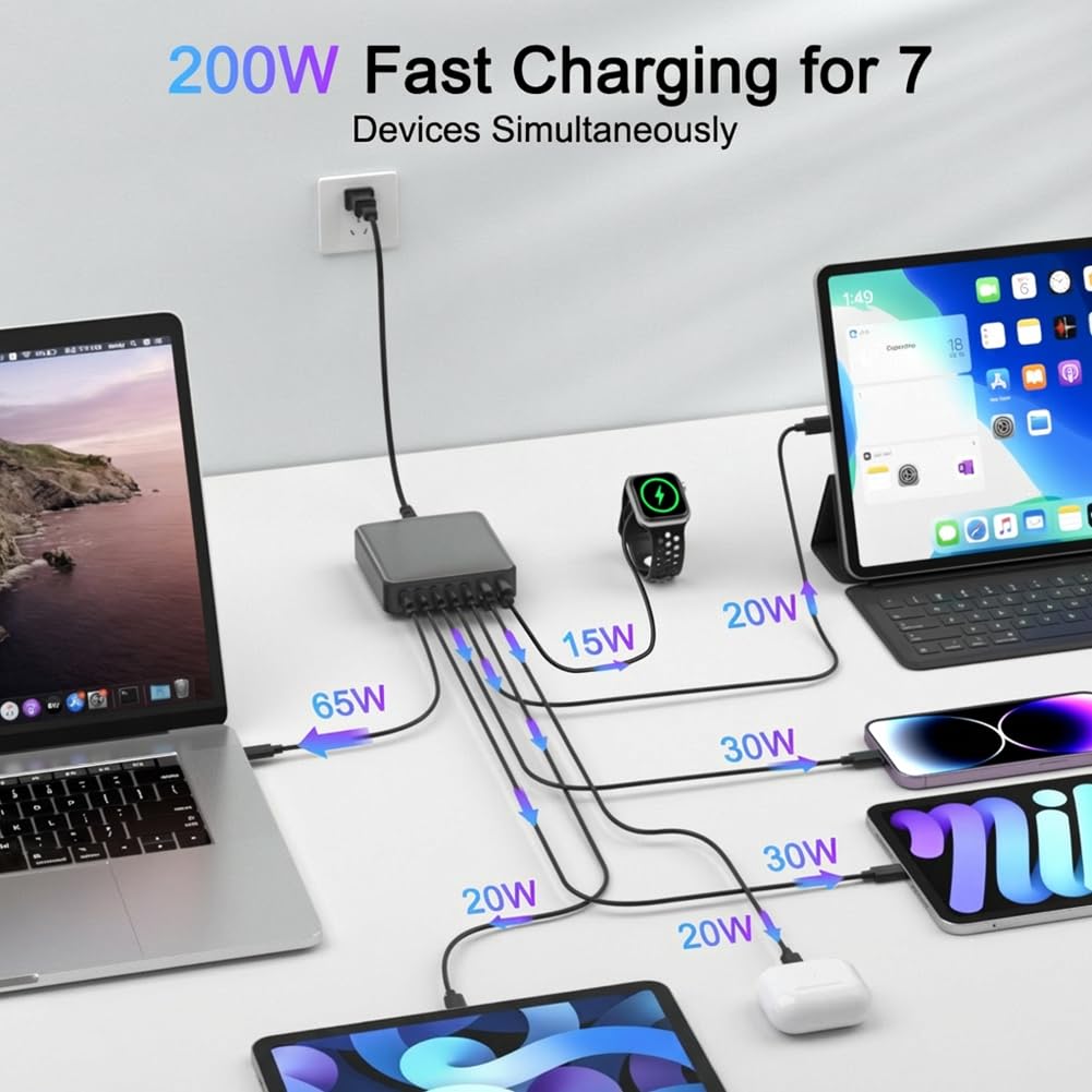 200W USB C Charger, 7-Port Desktop USB C Charging Station, 65W Laptop Charger Compatible with MacBook Pro/Air,iPhone 16/15/14/Mini/Pro/13Pro Max/12
