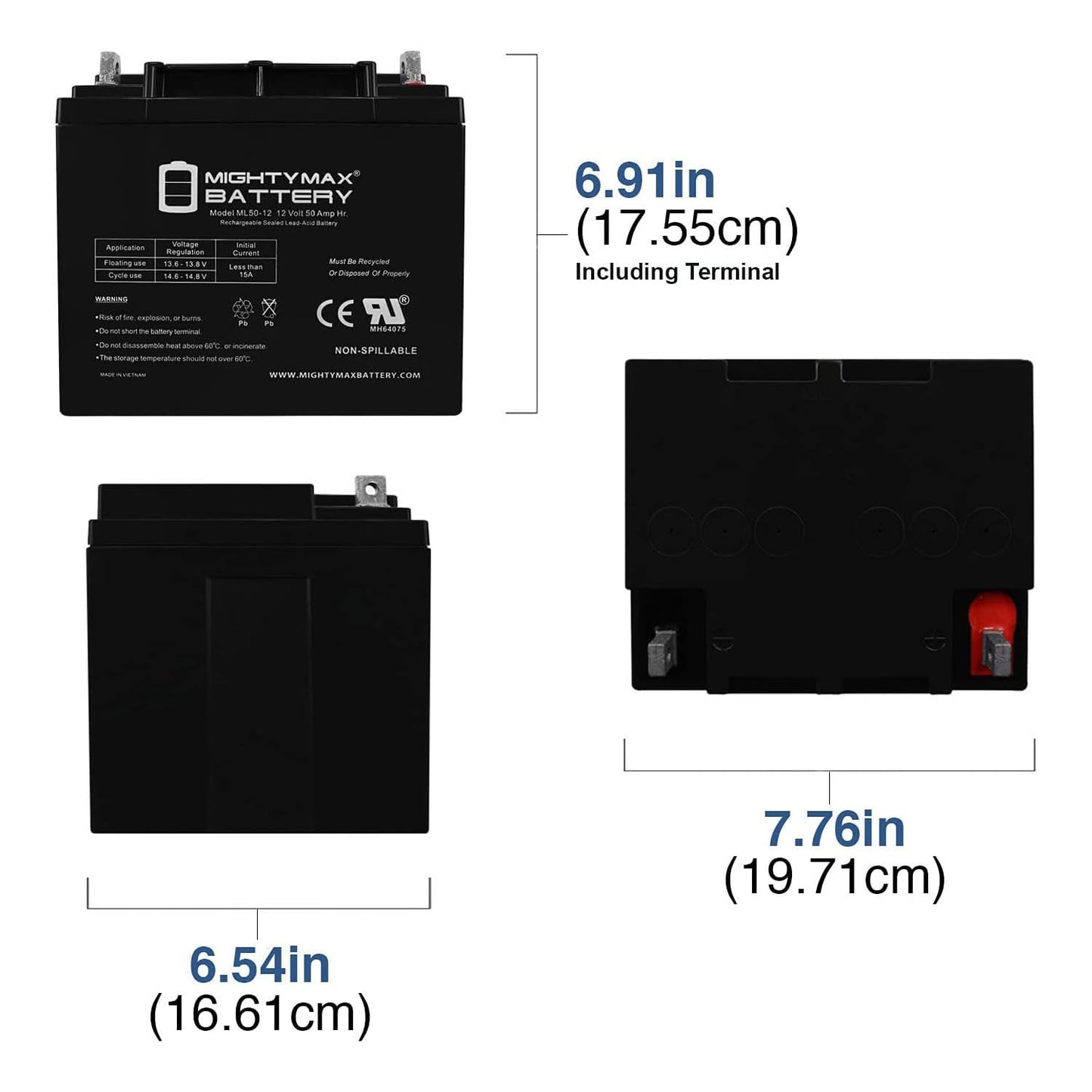 Mighty Max ML50-12 -12 Volt 50 AH, Nut and Bolt (NB) Terminal, Rechargeable SLA AGM Battery