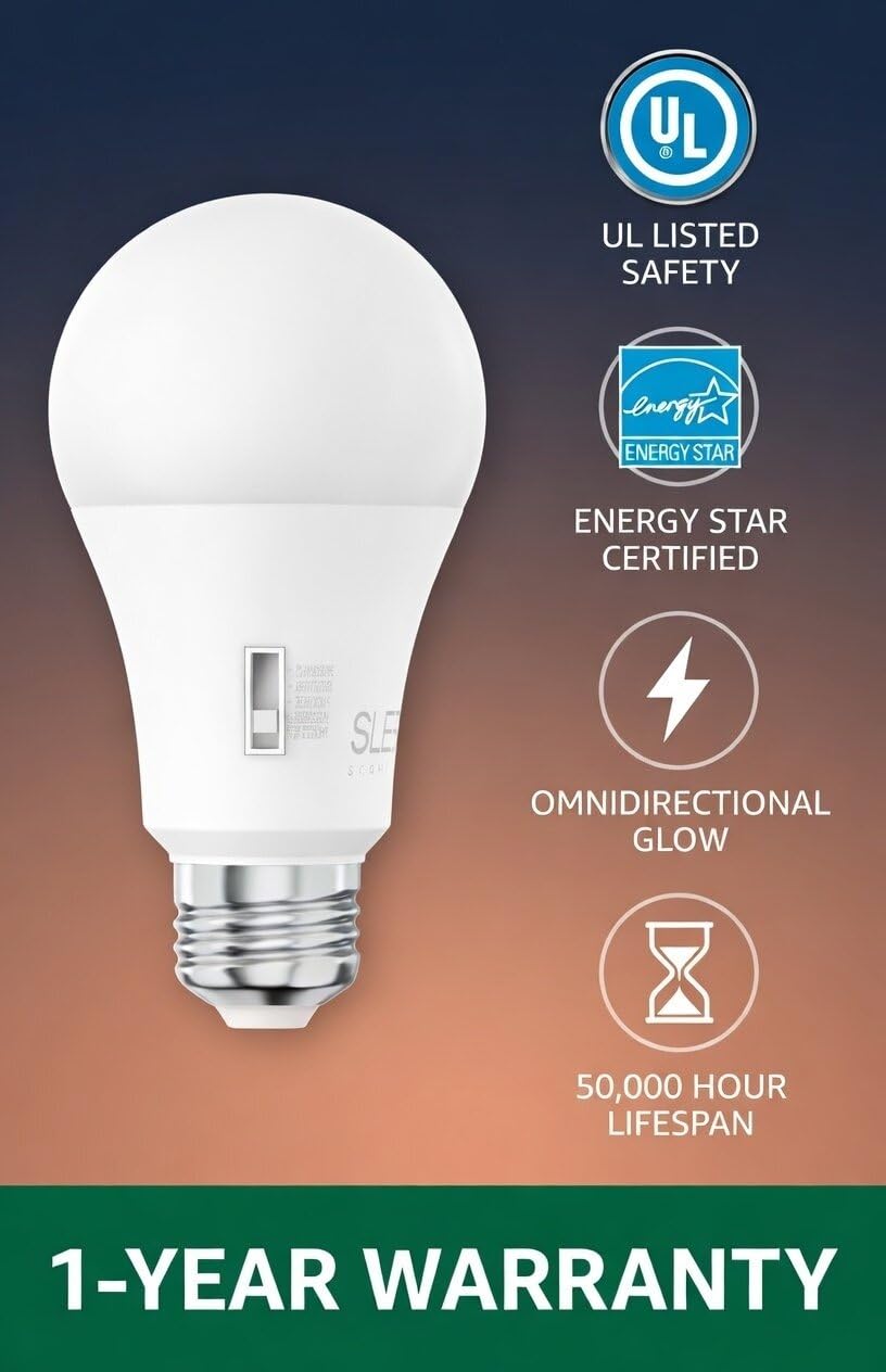 SLEEKLIGHTING A19 100W Equivalent 15 Watt LED Bulb, 5 CCT (2700K, 3000K, 3500K, 4000K, 5000K) 1600 Lumens, Dimmable, Energy Star, E26 Base - (4 Pack)