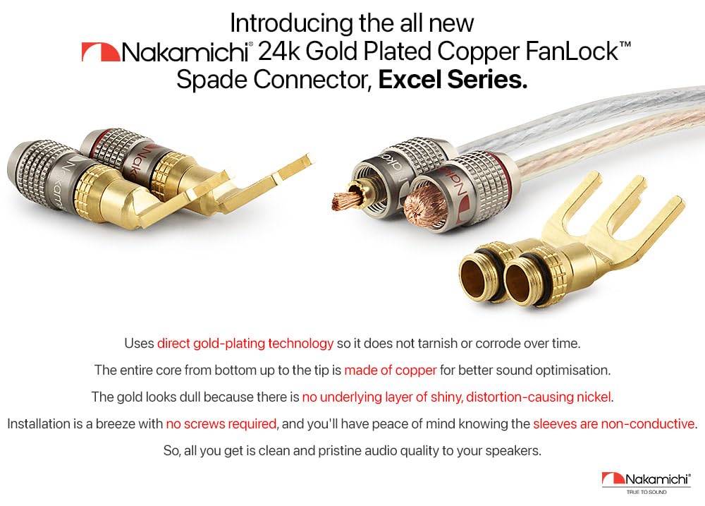 Nakamichi FanLock Excel Series 24k Gold Plated Spade Connector Banana Plug 10 AWG - 18 AWG Gauge Size 4mm for Speakers Amplifier Hi-Fi Home Theatre