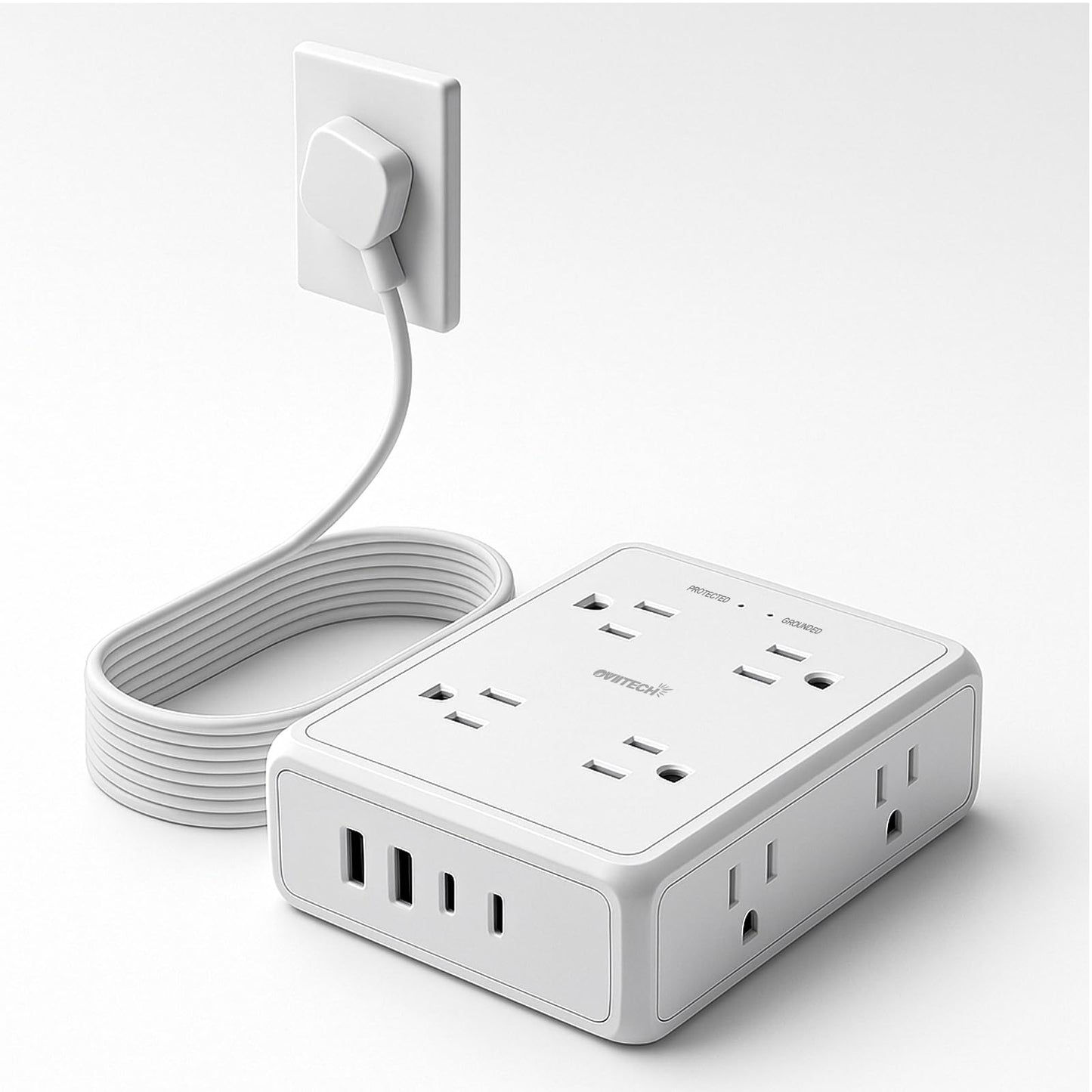 Surge Protector Flat Extension Cord Power Strip 6Ft, 8 Outlets with 4USB Ports (2 USB-C), 1350 Joules Protection, Ideal for Office, Home, White