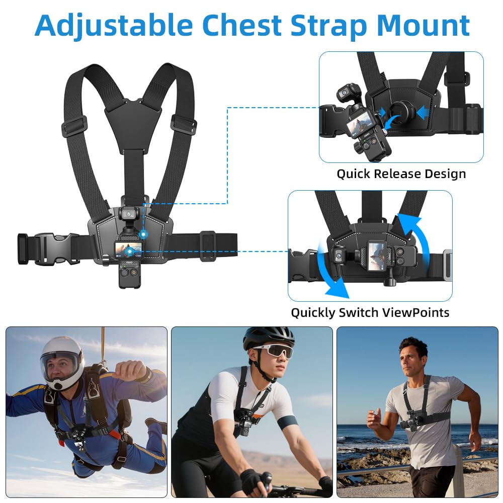 SUREWO 4 in 1 DJI Osmo Pocket 3 Accessories Kit,Quick Release Chest Mount Harness/Quick Release Head Strap Mount/ 360°Rotating Wrist Strap/Quick Clip