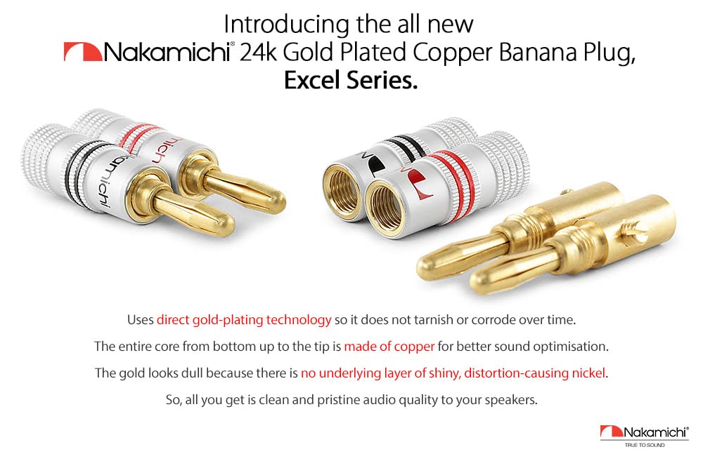 Nakamichi Excel Series 24k Gold Plated Banana Plugs 12 AWG - 18 AWG Gauge Size 4mm for Speakers Amplifier Hi-Fi AV Receiver Stereo Home Theatre Audio