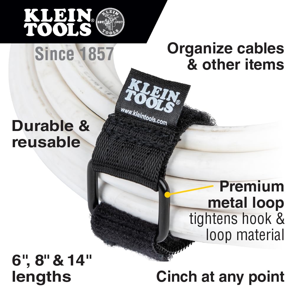 Klein Tools 450-600 Cable Organizer, Hook and Loop Cinch Strap Ties, Includes (2) 6-Inch, (2) 8-Inch, (2) 14-Inch Straps, Black