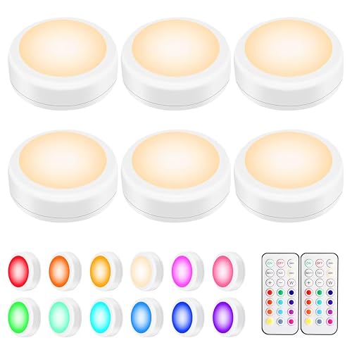 Alivation Led Under Cabinet Lighting Battery Operated Light, 6 Puck Lights with Remote Control, 13 Color Changing Stick on, Touch Push Tap Lights