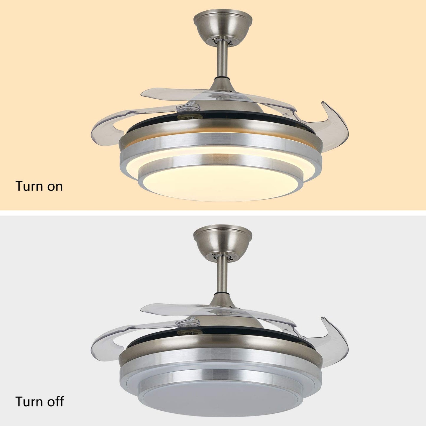 YIYIBYUS 42" Ceiling Fan with Light, Invisible Retractable Blade Chandelier with Remote Control 3 Colors 3 Speed Adjustable Chandelier Ceiling Plate