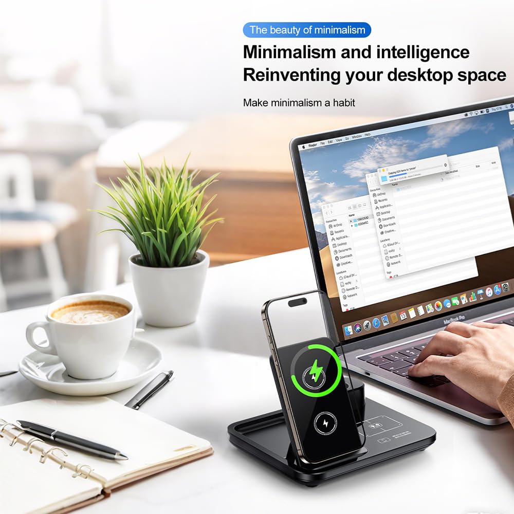 IHAO 3in1 Auto-Rising Wireless Charging Station 15W Fast Charge Ultra-Slim Foldable Design Wireless Charger for Phone Watch Earbud QC3.0 & PD