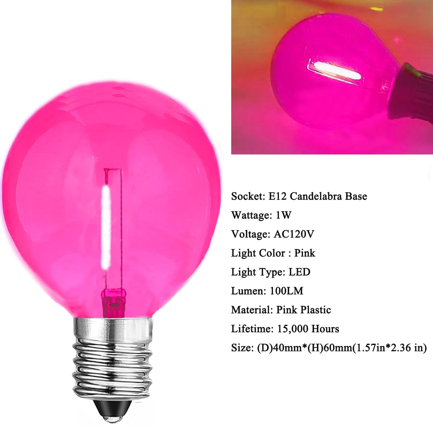 G40 Pink LED Replacement Light Bulbs - 1W LED Filament Bulb, Shatterproof Waterproof Outdoor String Lights, Decorative Globe Night Light, E12/C7
