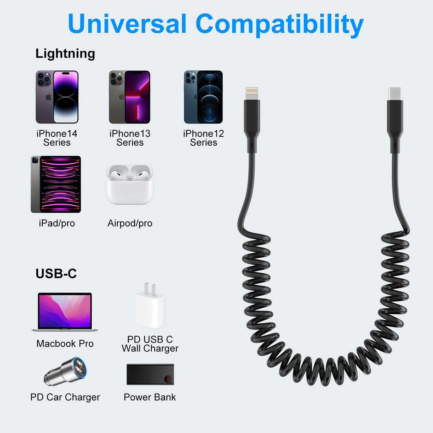 Coiled USB-C to Lightning Cable, Apple CarPlay Compatible, MFi Certified Retractable iPhone Charger Cord for Car With Data Sync, for iPhone/iPad