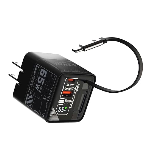 MFish 65W GaN Fast Wall Charger, USB C Charger Block Built?in 2.6ft Retractable USB?C Cable, USB?C & USB?A Wall Charger with Digital Display