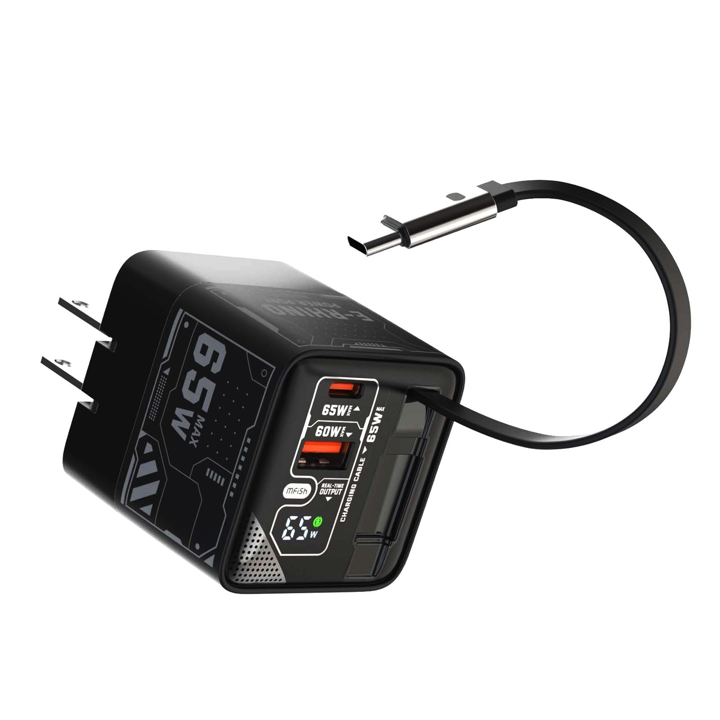 MFish 65W GaN Fast Wall Charger, USB C Charger Block Built?in 2.6ft Retractable USB?C Cable, USB?C & USB?A Wall Charger with Digital Display