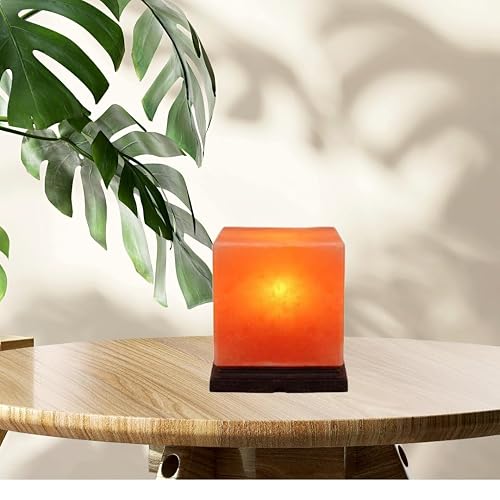 NatureBoost Himalayan Pink Salt Lamp, Cube Shape, 8 x 6 x 6 Inches - Hand-Carved Natural Salt Lamp with Wooden Base, Warm Ambient Glow for Bedroom