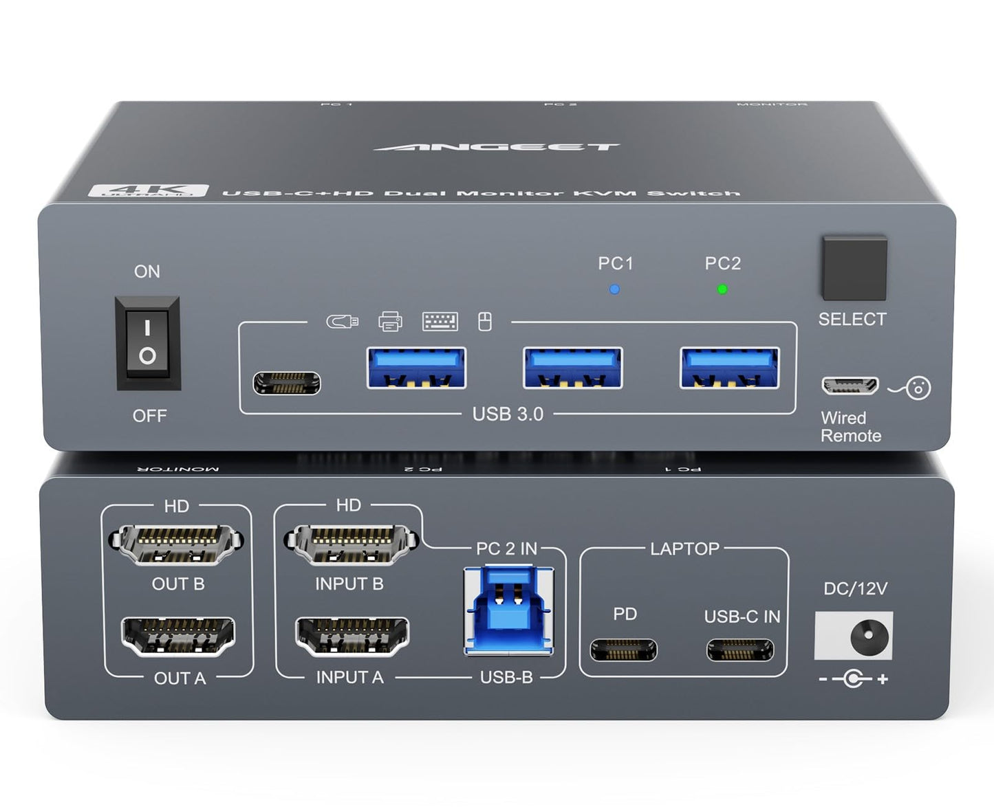 KVM Switch 2 Monitors 1 Laptop 1 Desktop 4K@60Hz, Dual Monitor KVM Switch Docking Station with 4 USB 3.0 Port for USB Peripherals, 80W PD Charging