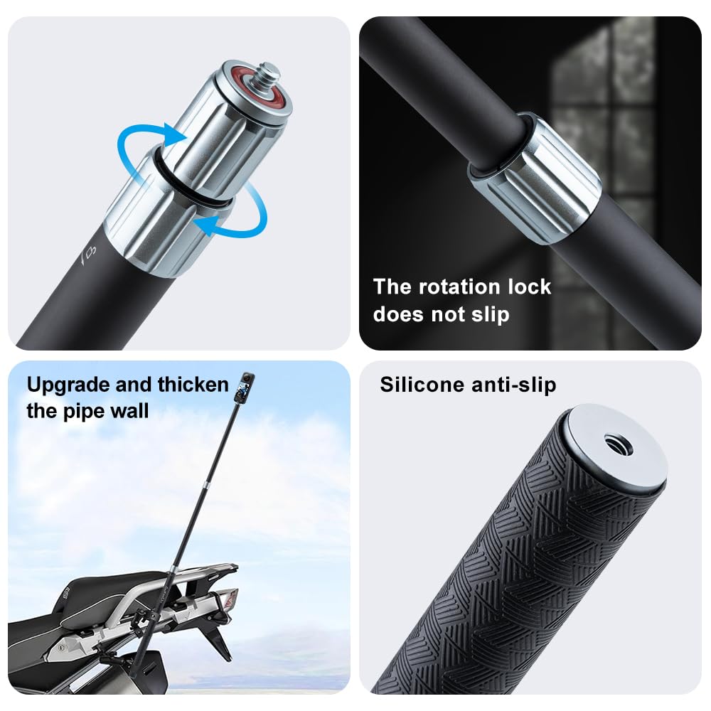 360 Camera Motorcycle Mount Kit - Telescopic Selfie Stick 17-43" with 360° Handlebar Clamp - Compatible with GoPro Insta360 Action Cameras - Aluminum