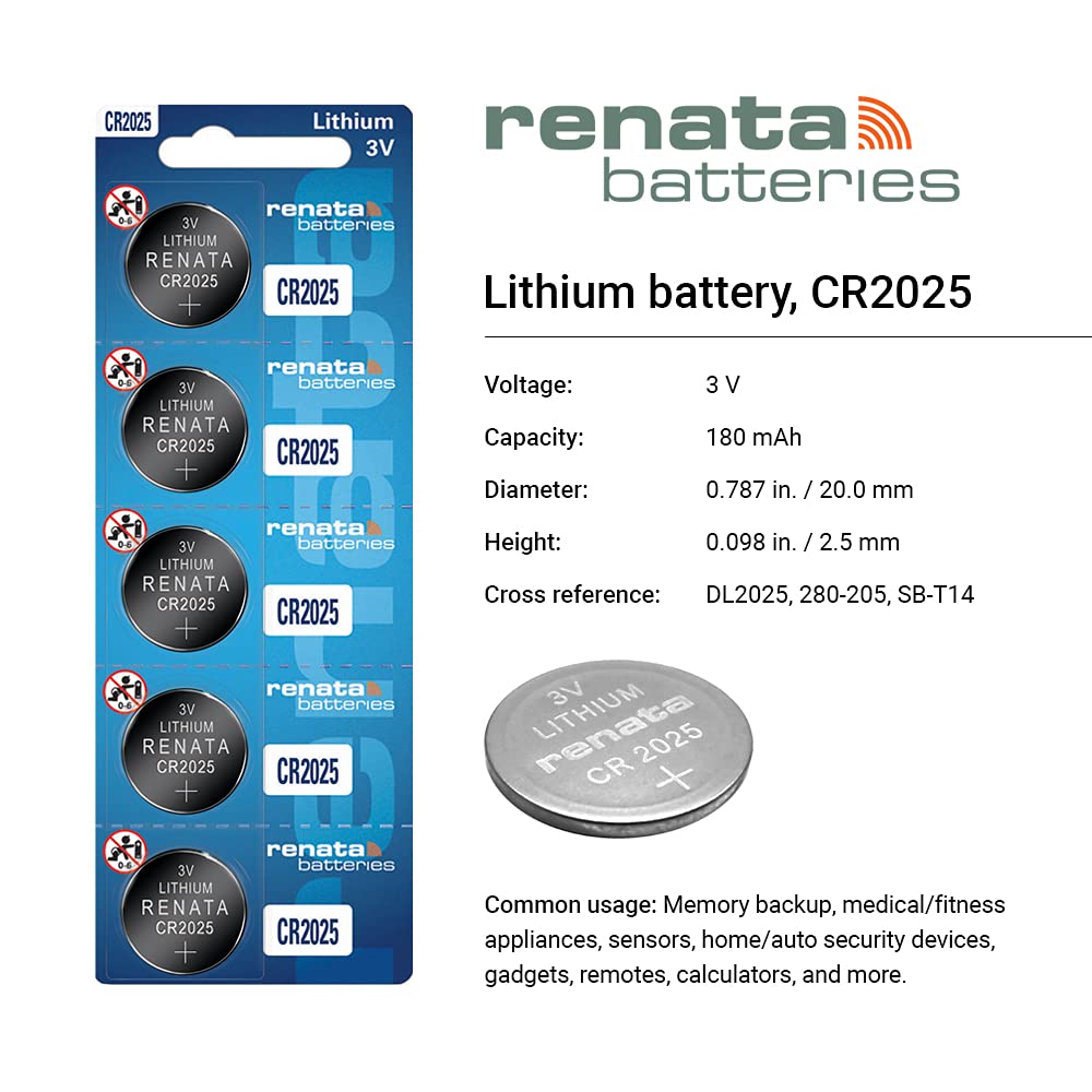 Renata CR2025 Batteries - 3V Lithium Coin Cell 2025 Battery (5 Count)