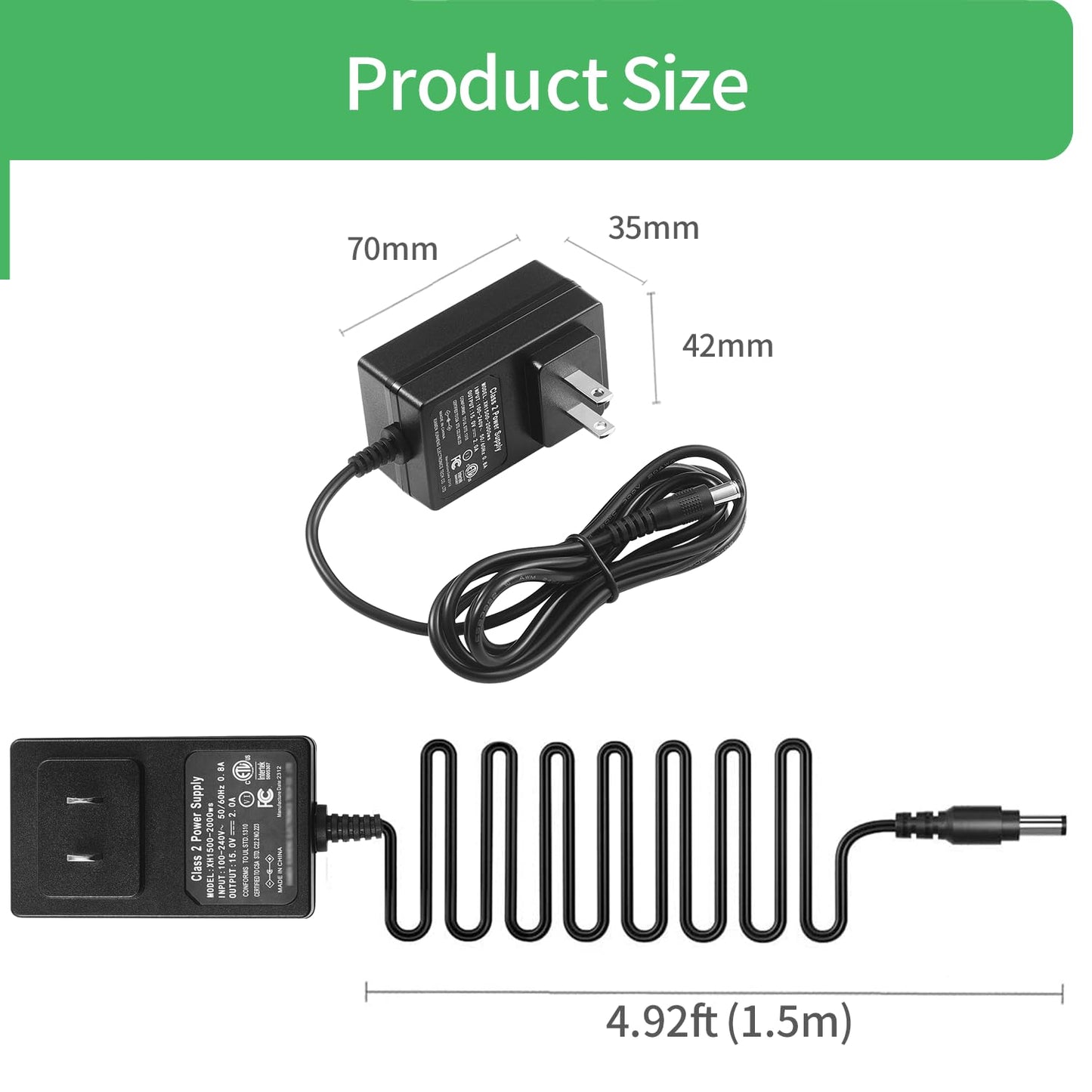 AC to DC 15V 2A Power Supply Adapter,15V Power Supply Replacement for Litter-Robot II 2 Bubble,Open Air Self Cleaning Litter Box Power Cord