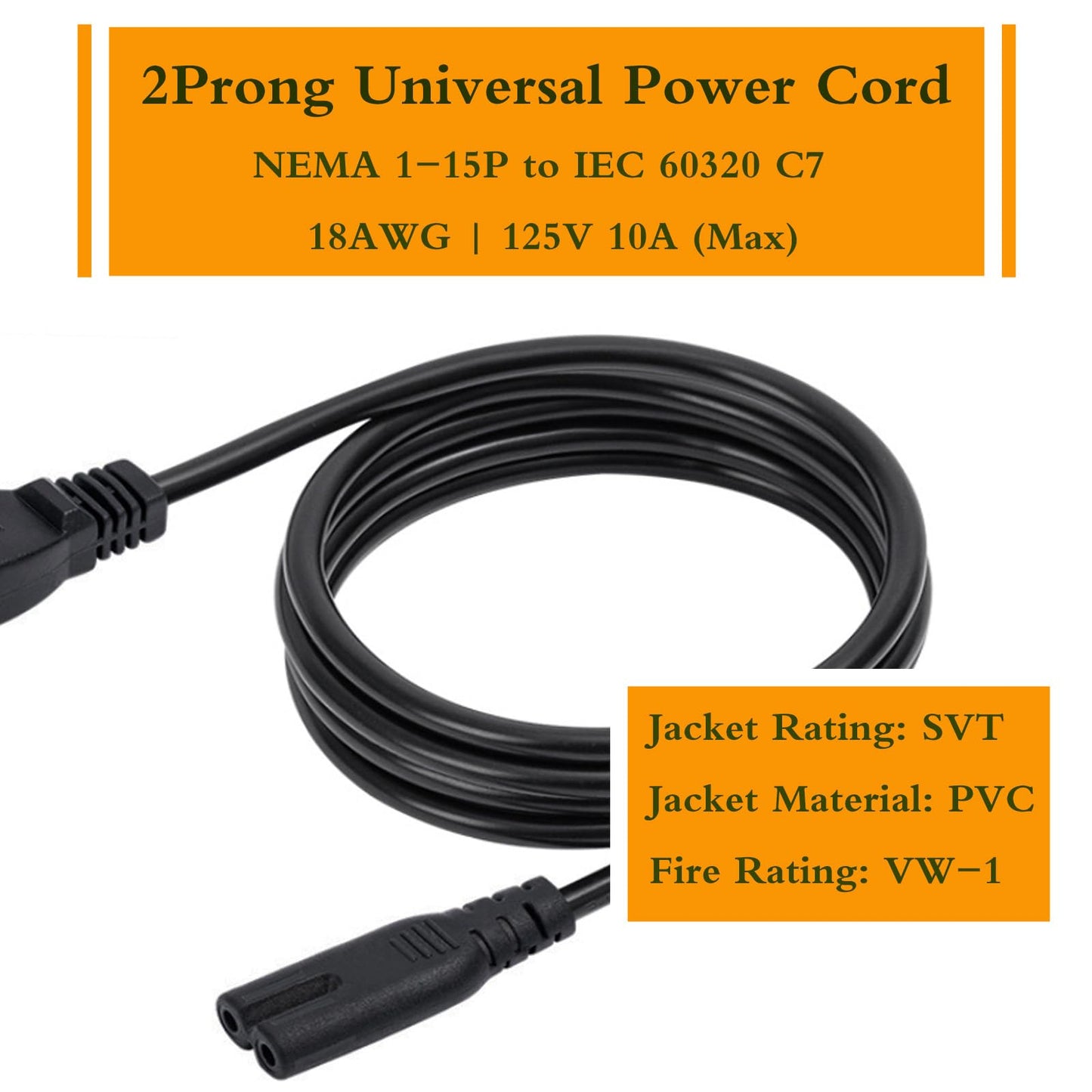 2 Prong Power Cord for Canon PIXMA TS9120 MX922 MG2522 G4210 MG7720 MG6822 MG6821 MG6820 MG5722 MG5721 MG5720 PIXMA Pro 100 Pro-100 MX472 492 495