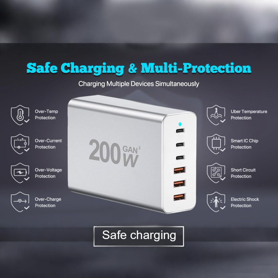 USB C Charger Block, 200W 6 Port Type C Charging Station Hub Block Cube, Wall Charger Adapter Plug for iPad iPhone 17 16 15 14 13 12 Pro Max Pixel