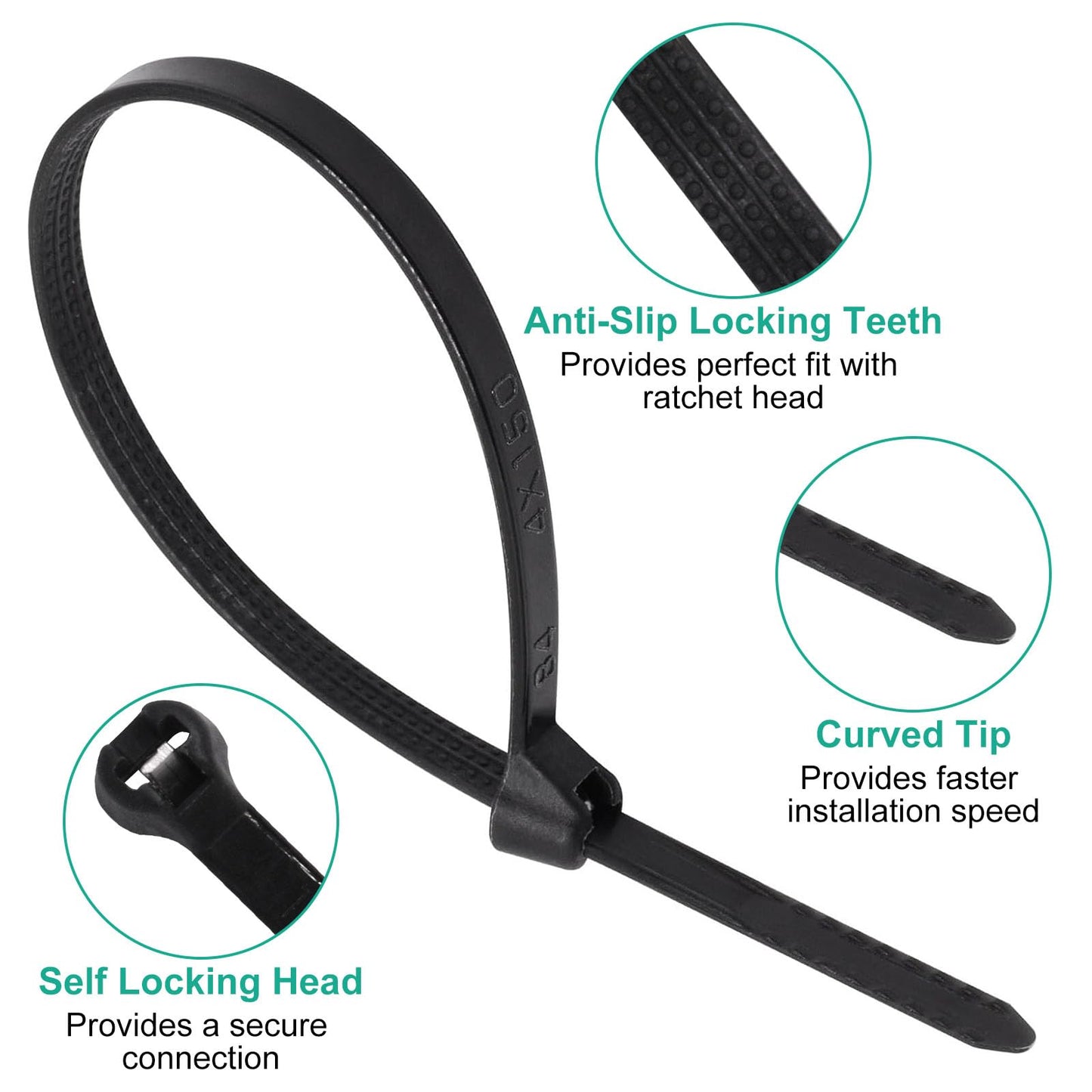 BUXIMN 150pcs Push Mount Zip Ties 6 inch, Self Locking Straps Cable Zip Tie with Stainless Steel Metal Tooth Locking Device Heavy Duty Nylon Zip Tie