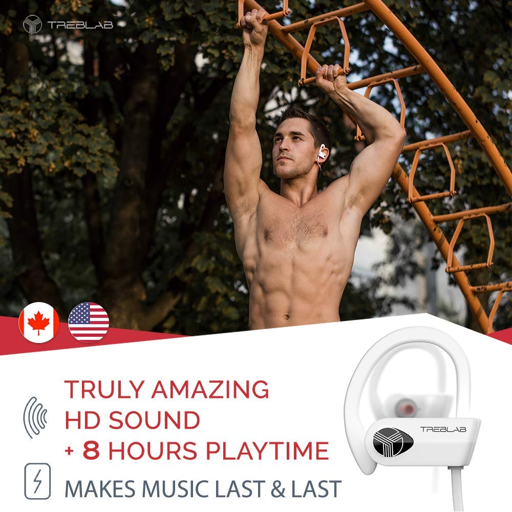 TREBLAB XR500 Bluetooth Running Headphones, IPX7 Waterproof, Noise Cancelling, Secure-Fit, Wireless Sport Earbuds with Mic