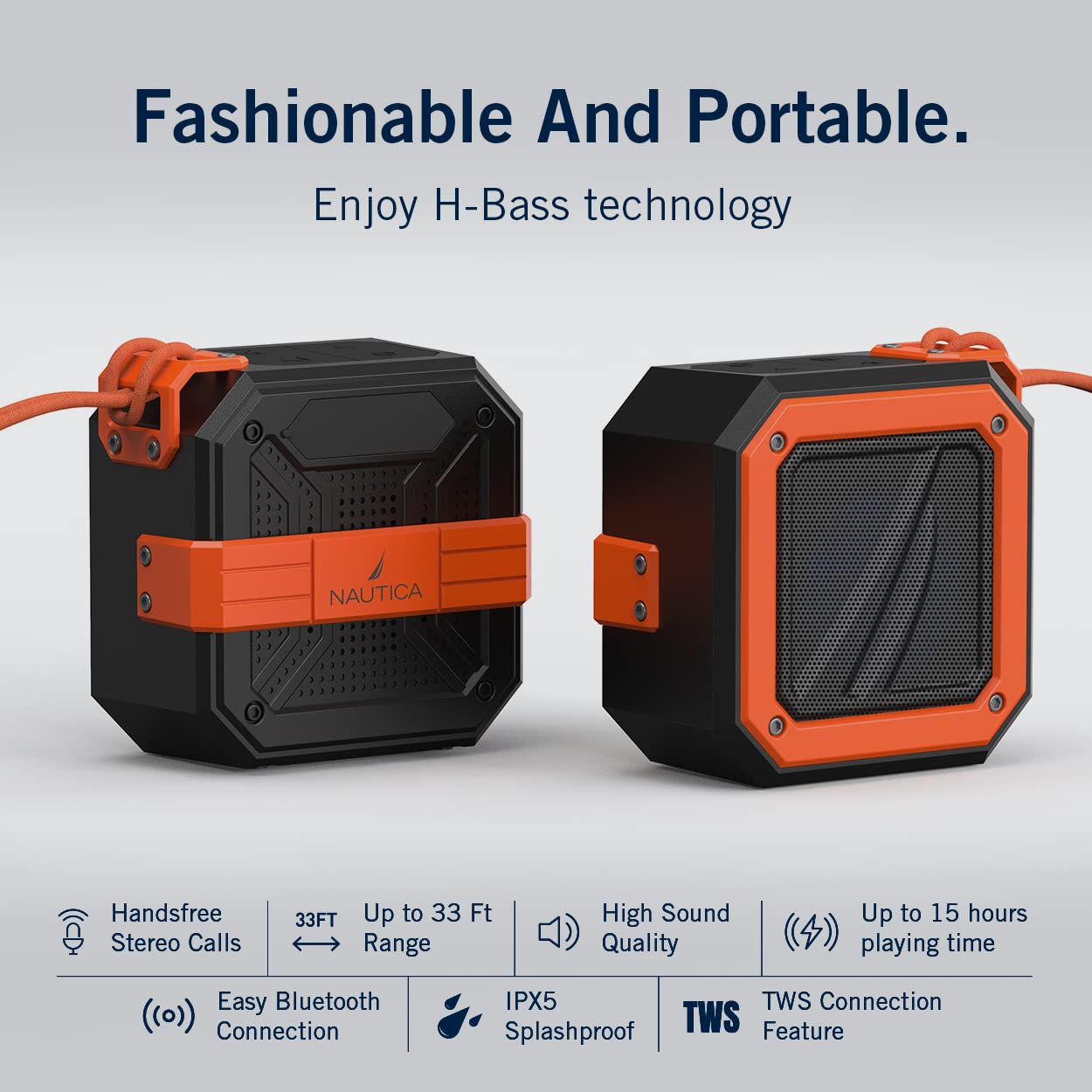 Nautica S100 True Wireless Outdoor Speaker, Portable IPX5 Waterproof Bluetooth Speaker with 15H Playtime, 200-Day Standby & TWS Pairing, Perfect