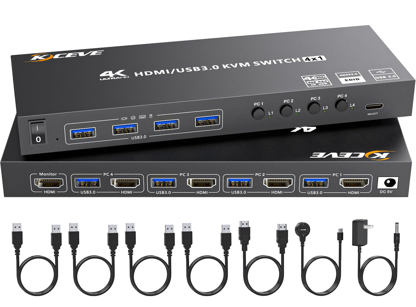 HDMI KVM Switch 4 Computers 4K@60Hz 2K@120Hz, Simulation EDID, Camgeet 4 Port USB3.0 KVM Switches for 4 PC Share 1 Monitor and Keyboard Mouse