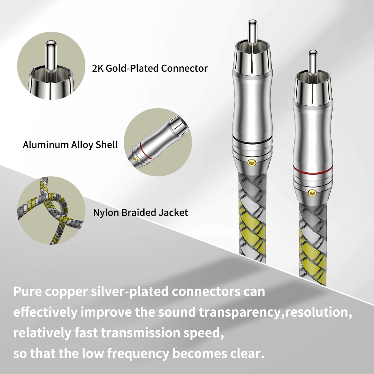 Viborg Audiocrast A52 Hi-End RCA to RCA Audio Cable 6.6FT/2M OFC Silver-Plated 2RCA HiFi Cable for Home Theater, DVD, CD, Amplifier