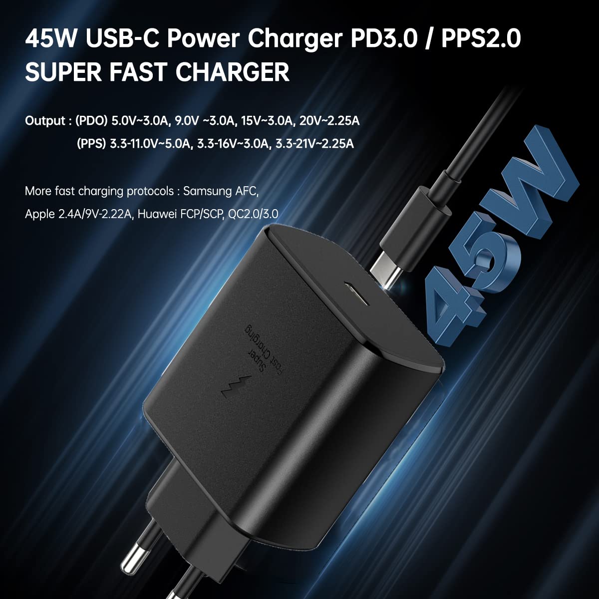 45W European Super Fast Charger Europe Travel Plug Adapter for Samsung Galaxy S26 S25 S24 S23 S22 Ultra Plus MacBook iPad Pro EU Power USB Type C Wall