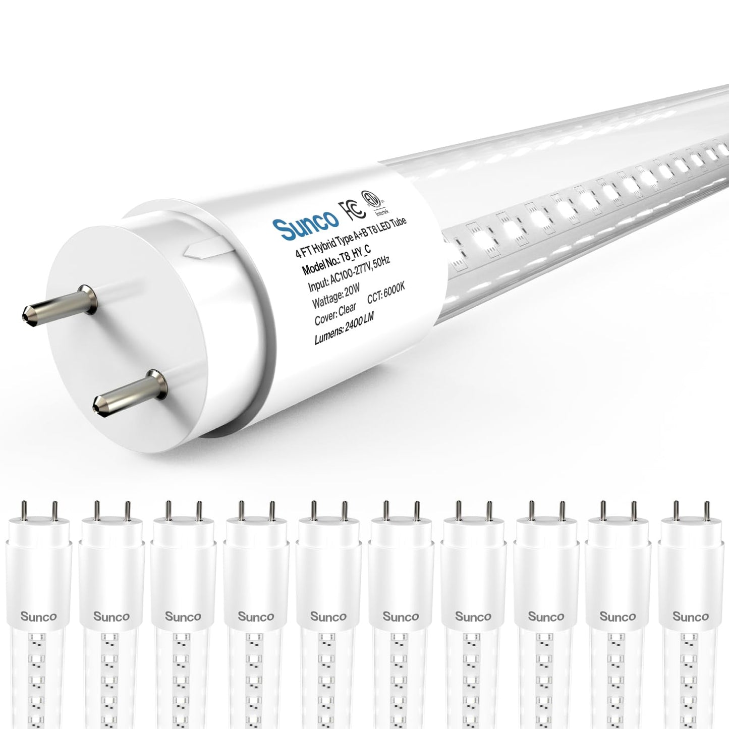 Sunco 10 Pack 4 Foot T8 LED Tube Light Bulbs, 6000K, 20W, Hybrid A+B
