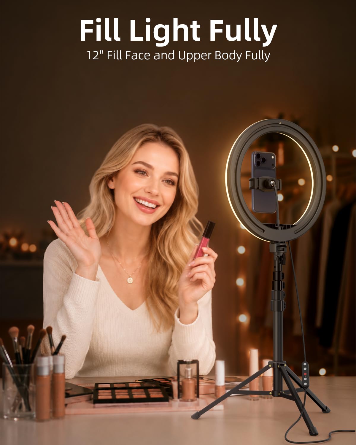 TODI 12" Ring Light with 63" extendable Tripod Stand, Selfie RingLight with Phone Holder and Selfie Remote, 2-in-1 Dimmable LED Ring Light for Makeup