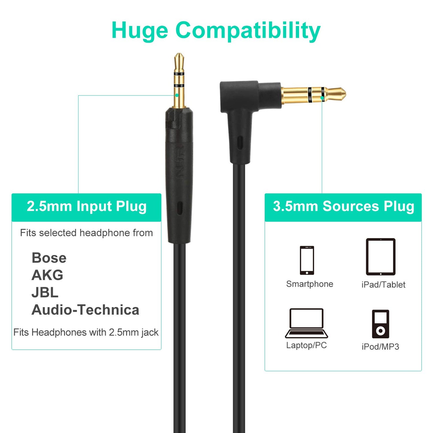 Mr Rex 5ft 3.5mm to 2.5mm Audio Aux Replacement Cable 90 Degree Right Cord for JBL/Bose 700 QC45 QC35ii QC35 QC25 QuietComfort Noise Cancelling…