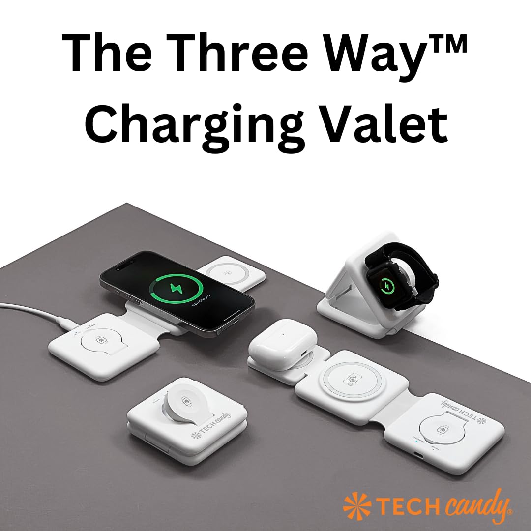 Tech Candy The Three Way Charging Valet Wireless Charging Pad - Charge 3 Devices at Once, Compact, Qi Charger for Travel, Foldable, 20W, Fast
