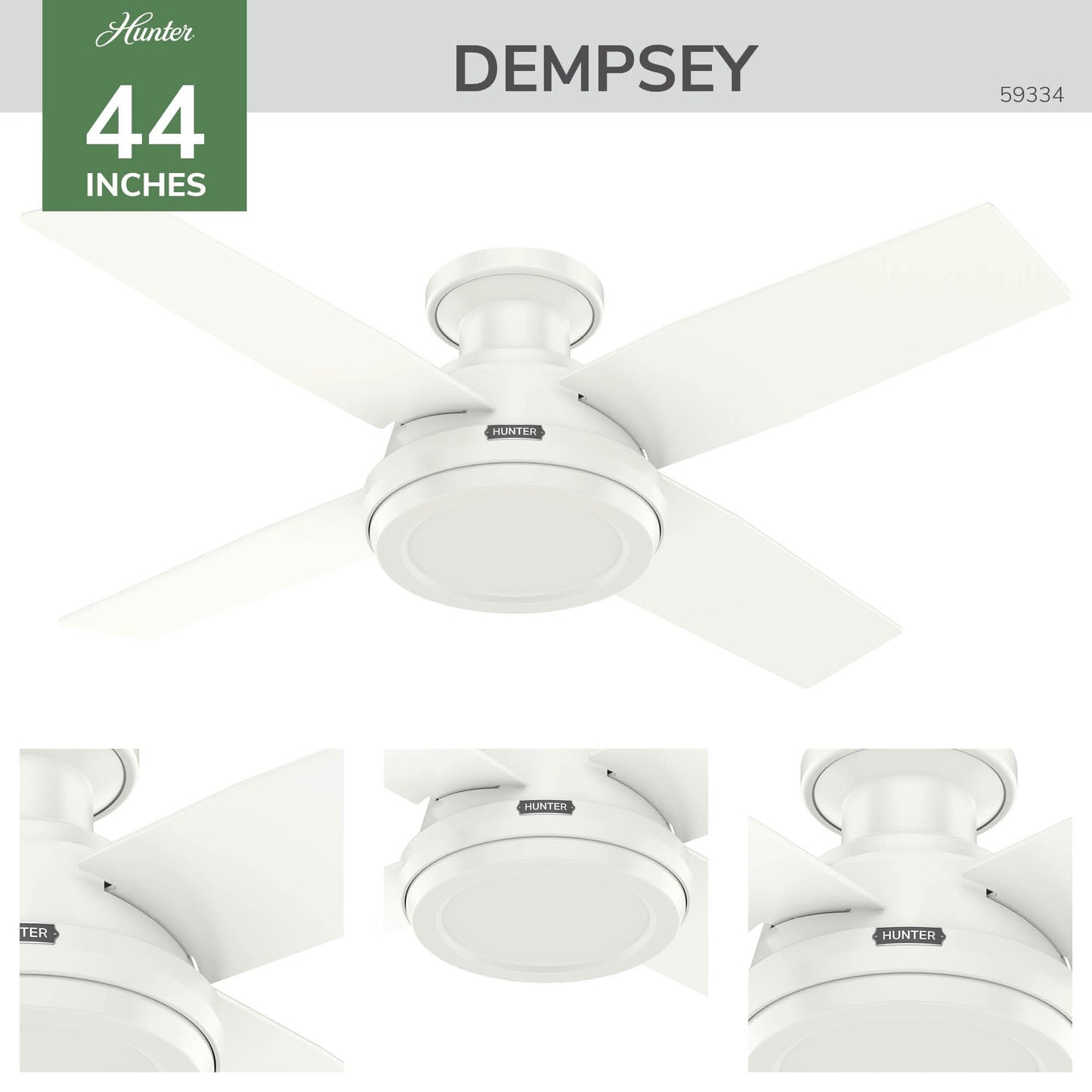 Hunter Dempsey 44 inch Indoor Low Profile Ceiling Fan and Remote Control, Fresh White Ceiling Fan, 3 Speed WhisperWind Motor, 59334, for Bedrooms
