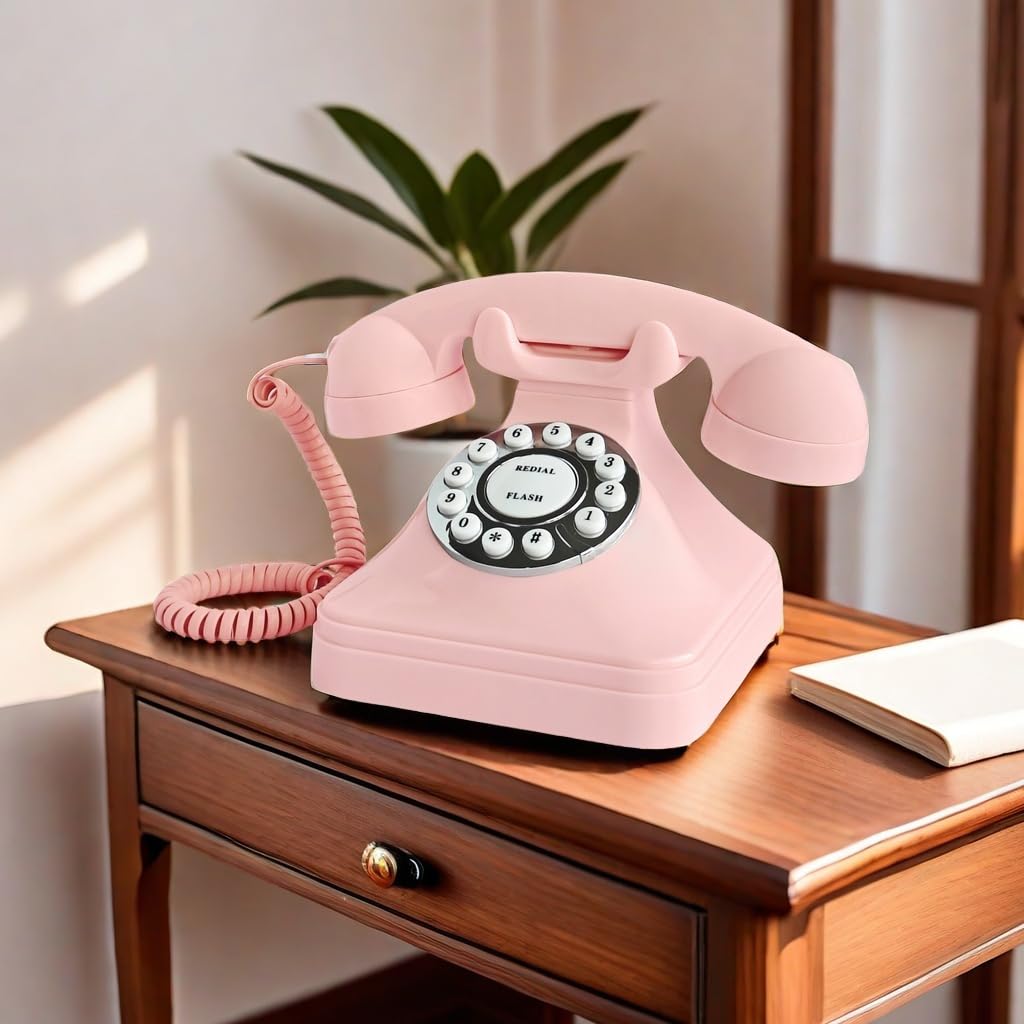 TelPal Corded Pink Retro Landline Home Phone, Basic Pink Decorative Analog Telephone Set, Senior Phone for Home/Office/Hotel