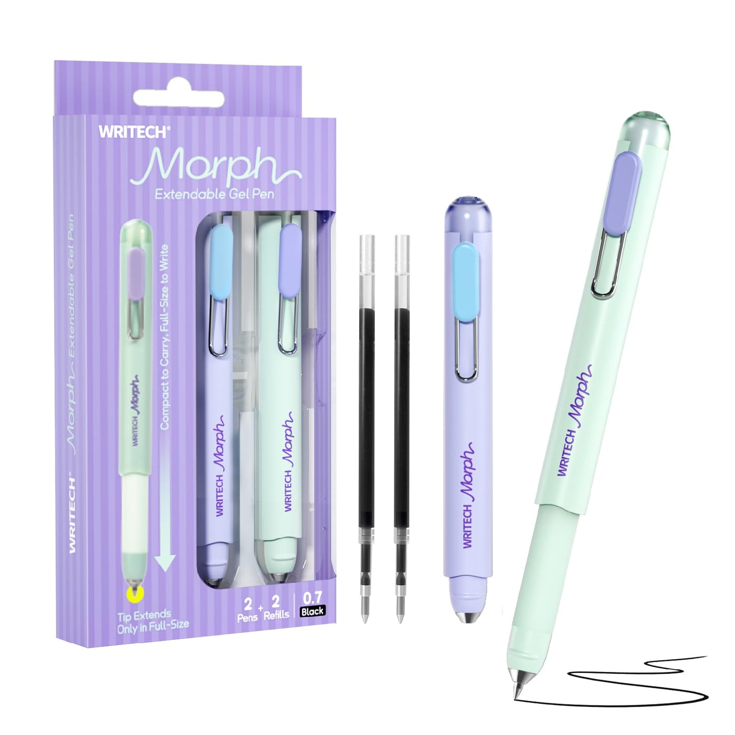 WRITECH Gel Pens Medium Point: Morph 0.7mm Black Ink Mini to Full Size Soft Grip Portable Extendable Pocket Pen Set with 2 Pens and 2 Refills