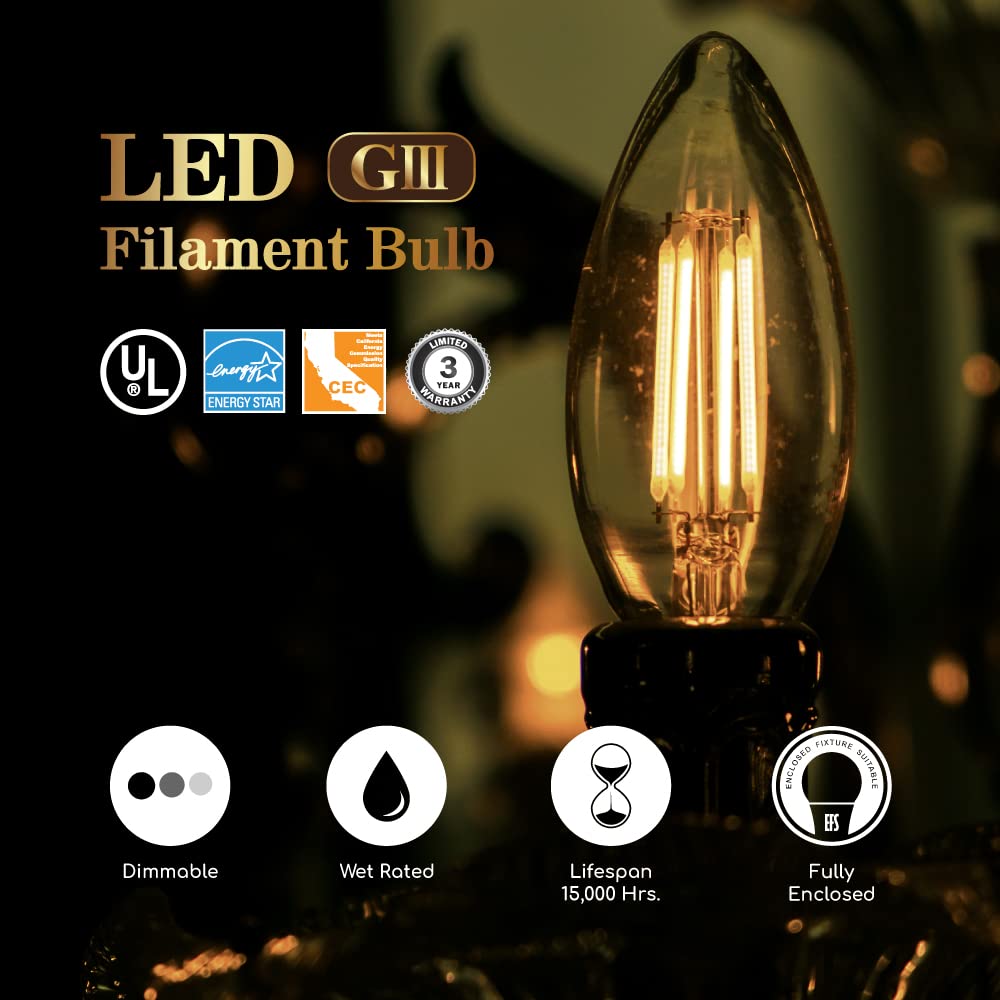 Euri Lighting VB10-3000cec-4, 4-Pack Dimmable LED B10 Filament, 5.5W (50W Equiv) 500lm, 90+ CRI, Soft White (3000K) E12, 120V, Wet Rated, JA8, CA