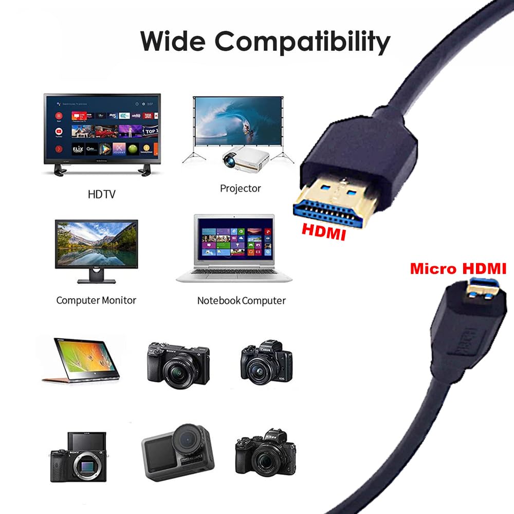Kework 1ft Micro HDMI to HDMI 8K Cable, 2.1 Version 48Gpbs Right Angle Micro HDMI Male to Straight HDMI Male UHD 3D Cable for Xbox PS4 PS5 TV Switch