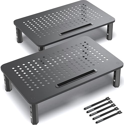 EVOOMI Back Saver Monitor Stand for Desk - 2 Pack Monitor Riser - Anti-Skid HD Hexagonal Steel Computer Stand - Free Cable Ties - Mesh Metal Computer