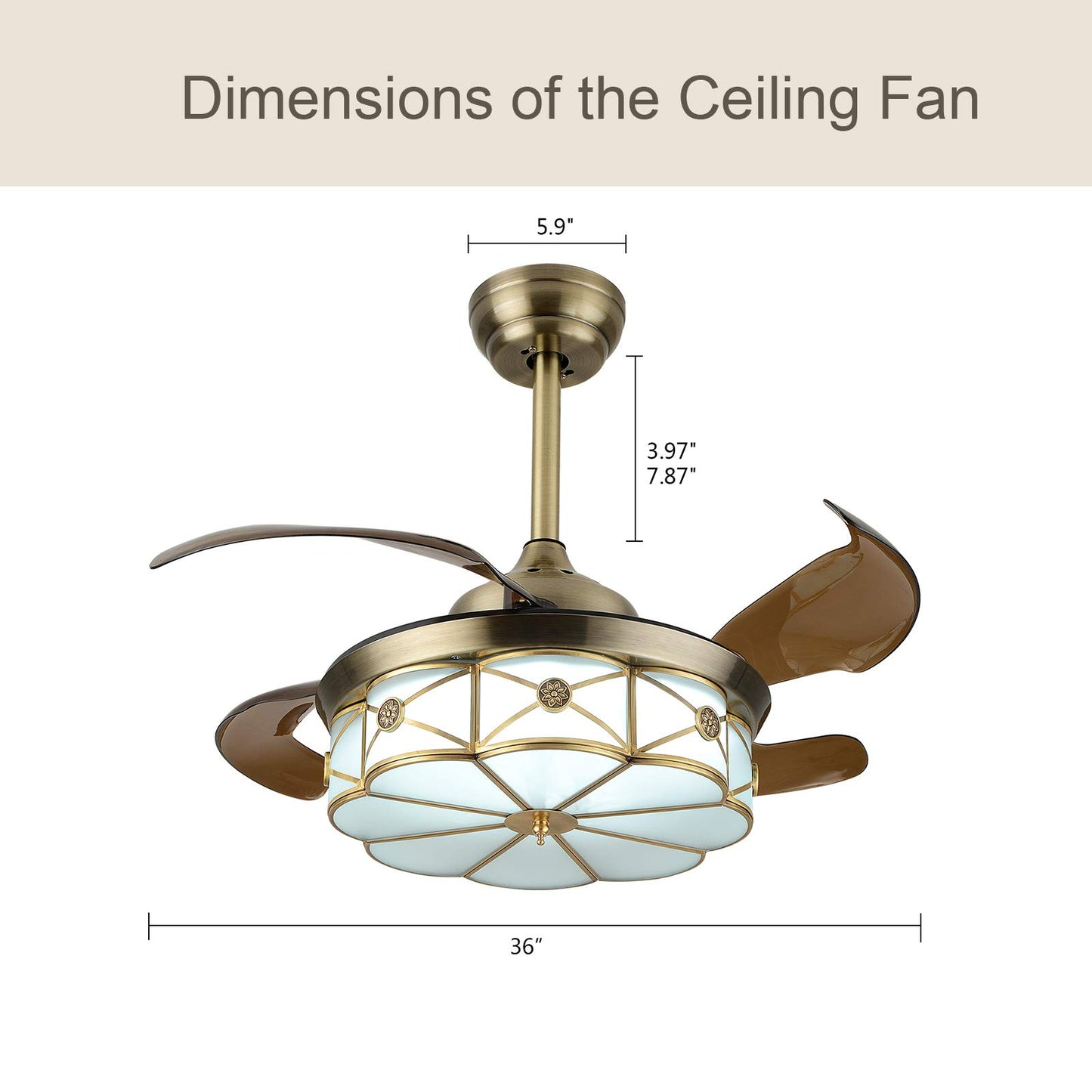 WUPYI Retro Creative Ceiling Fan Light and Remote,36 Inch Invisible Chandelier Fan Brown Retractable Blades 3 Color Changing Chandelier 3 Speeds,Quiet