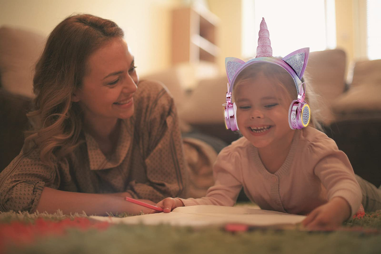 KORABA Kids Headphones Bluetooth Wireless, Unicorn LED Lights up Girls Headsets with Microphone, 10 Hours 5.0 Bluetooth Headphones for Girls, Kids…