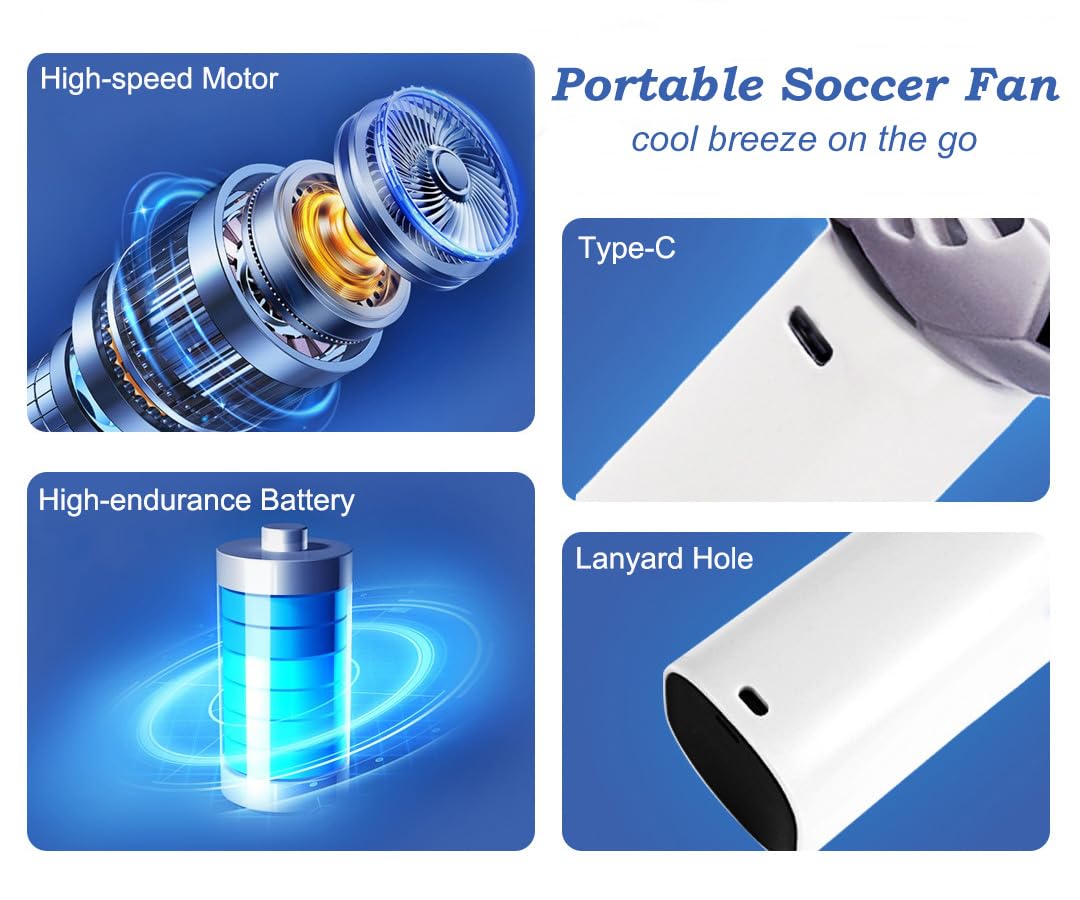 Foni Fox Handheld Mini Fan for World Cup 2026, Soccer Style Mini Fan & Stickers, 5 Speed Handheld Fan with Power Display Flashlight, Football Shaped