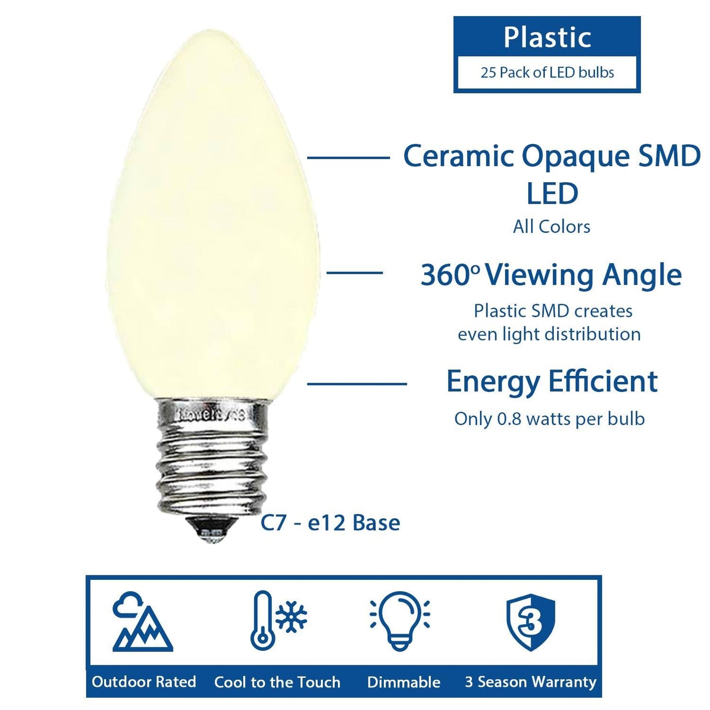 Novelty Lights 25 Pack C7 Ceramic Style LED Christmas Lights, E12 Base