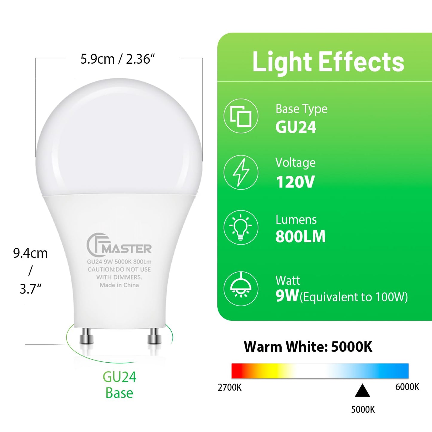 CFMASTER GU24 LED Light Bulb, 5000K Daylight, 9W(100W Equivalent), 800 Lumens, A19 Shape GU 24 LED Bulbs, Twist and Lock GU24 Pin Base with Two