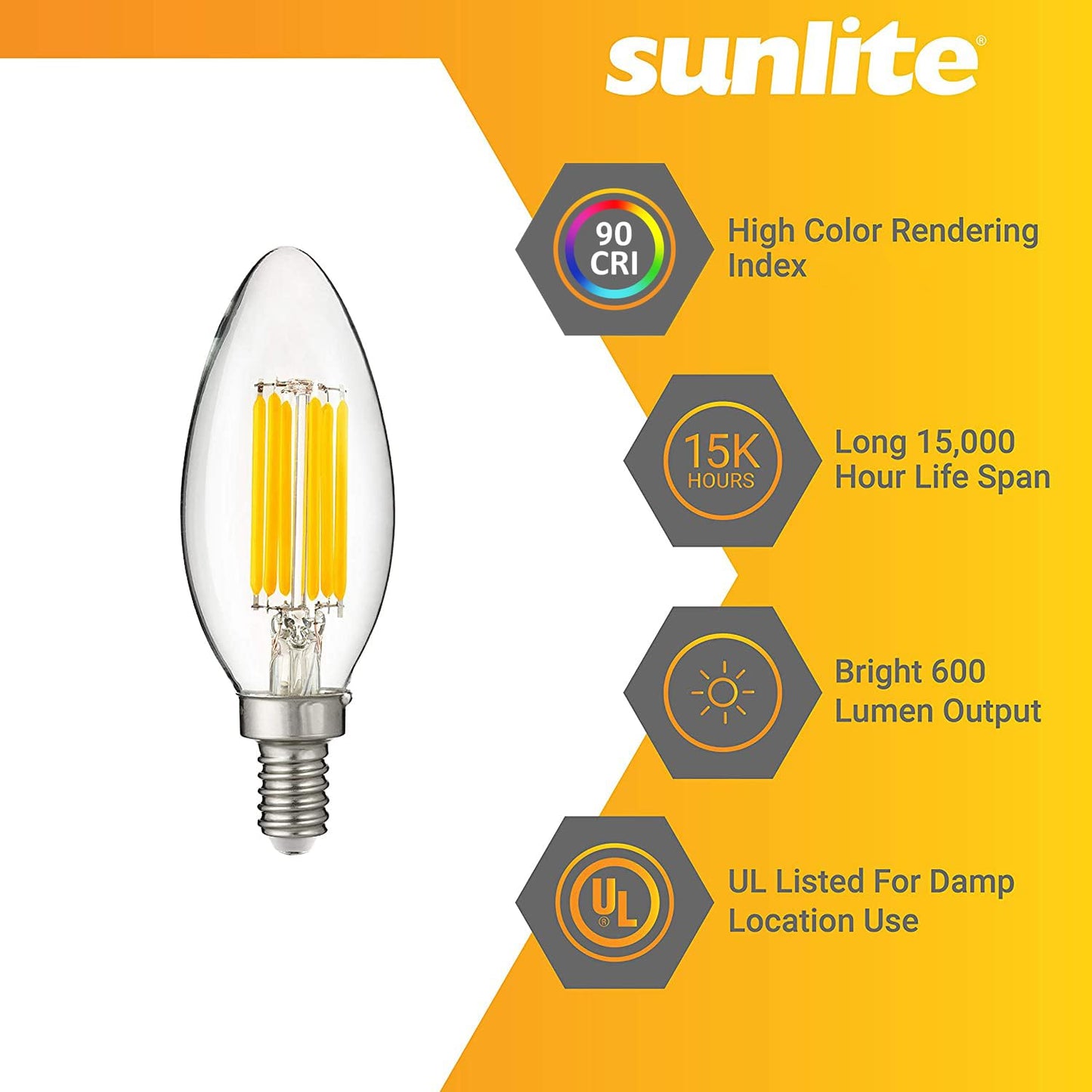 Sunlite LED CTC Filament B11 Torpedo Tip Chandelier Light Bulb, 5 Watts (60 W Equivalent), 120V, 600 Lumens, Candelabra E12 Base, Dimmable, 90 CRI, UL