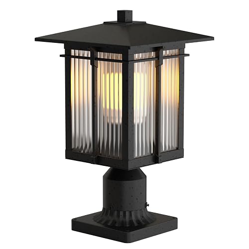 Yoenecea Modern Outdoor Post Light, Aluminum Lamp Post Light Fixture with Ribbed Glass, Soptted Black Outside Pole Lighting with 3-Inch Pier Mount