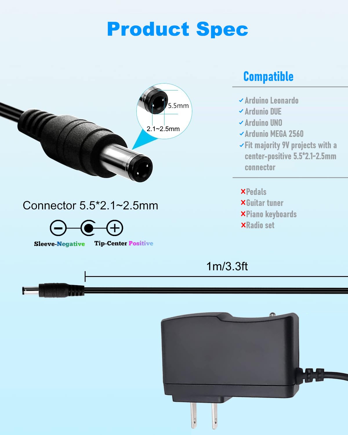 9V 1A AC DC 100V-240V Power Supply Adapter Cord for Arduino UNO R3 MEGA, US Plug - Center Positive 5.5x2.1~2.5mm