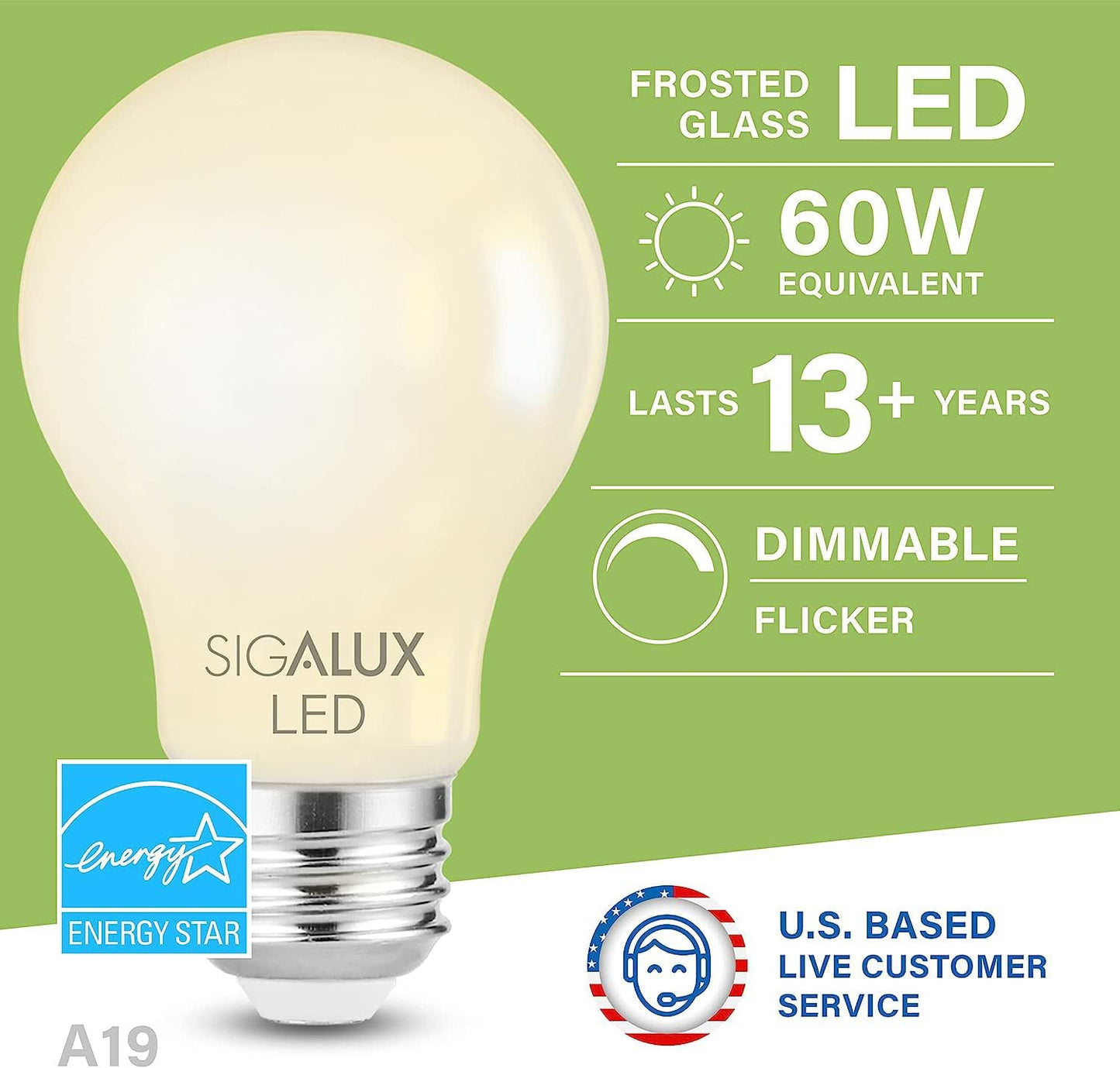 Sigalux Dimmable E26 Light Bulb 60 Watt Equivalent, Energy Star Certified Daylight 2700K LED Filament Bulb, A19 LED Edison Vintage Antique Frosted