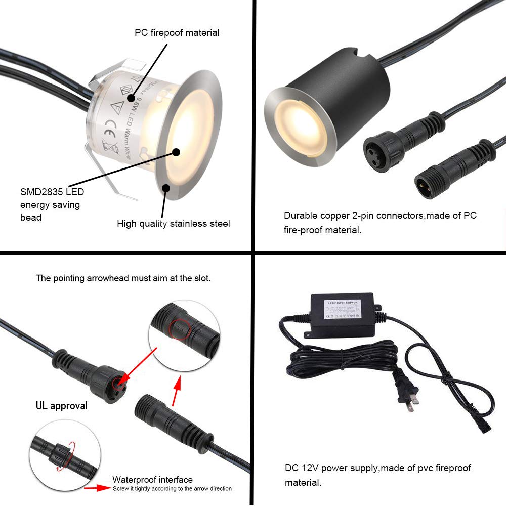SMY Lighting 10 Pack Recessed LED Deck Light Kits with Protecting Shell, 32mm, Warm White, IP67 Waterproof, 12V Low Voltage, for Outdoor Garden