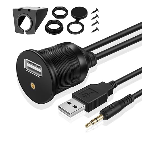 TNP USB AUX Flush Mount Cable, Dashboard Panel Dash Mount USB + 3.5mm AUX 1/8" Audio Jack Port Socket Plug Water Resistant Connector Extension Wire